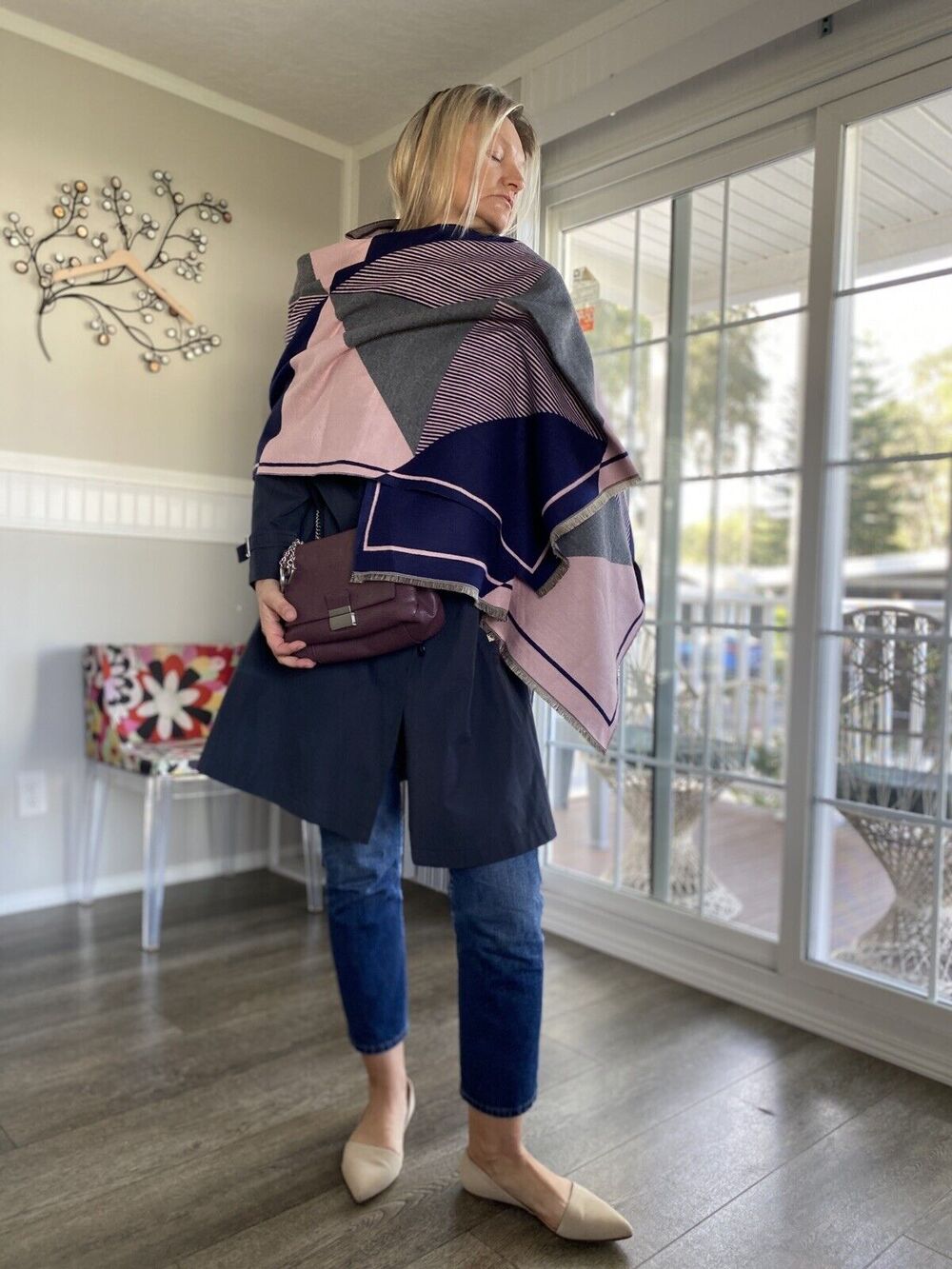 BYBLOS Italy Navy Blue/Pink Scarf Wrap 26x72” NEW WITH TAGS Very Soft
